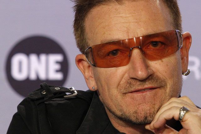 U2 lead singer Bono attends a news conference to present the 2008 DATA Report in Paris