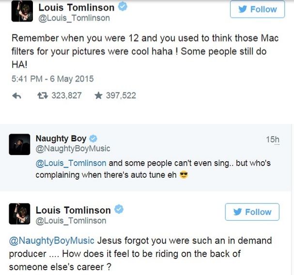 Louis Tomlinson vs Naughty Boy su Twitter